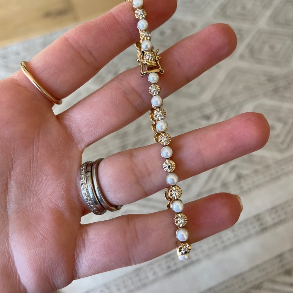 Diamond, Freshwater Pearl and Gold Bracelet